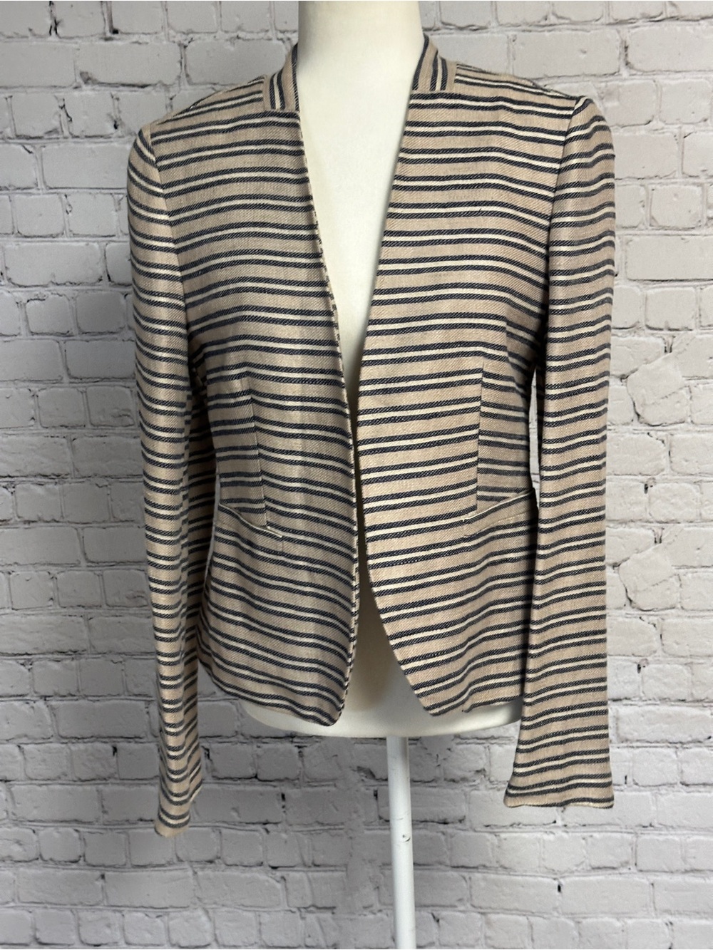 LOFT Striped Open-Front Blazer in Beige and Navy